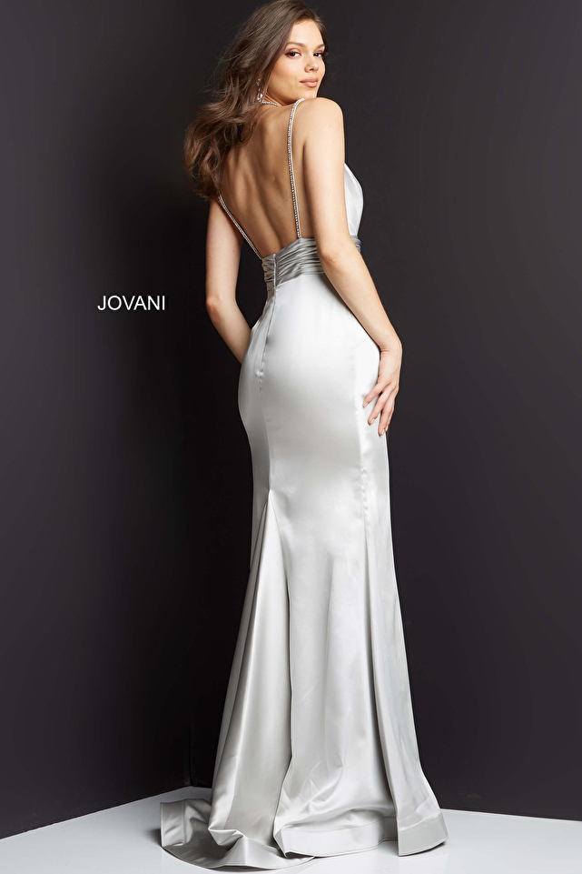 JVN3116 Grey Satin Sheath V Neck Prom Dress